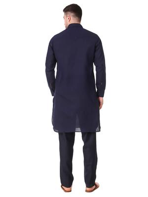 navy blue solid kurta pyjama ethnic wear set - 18292355 - Standard Image - 3