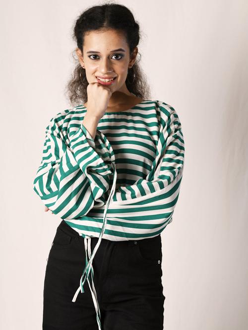 horizontal stripes top with gathered sleeves - 18292865 - Standard Image - 1