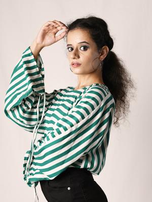 horizontal stripes top with gathered sleeves - 18292865 - Standard Image - 4