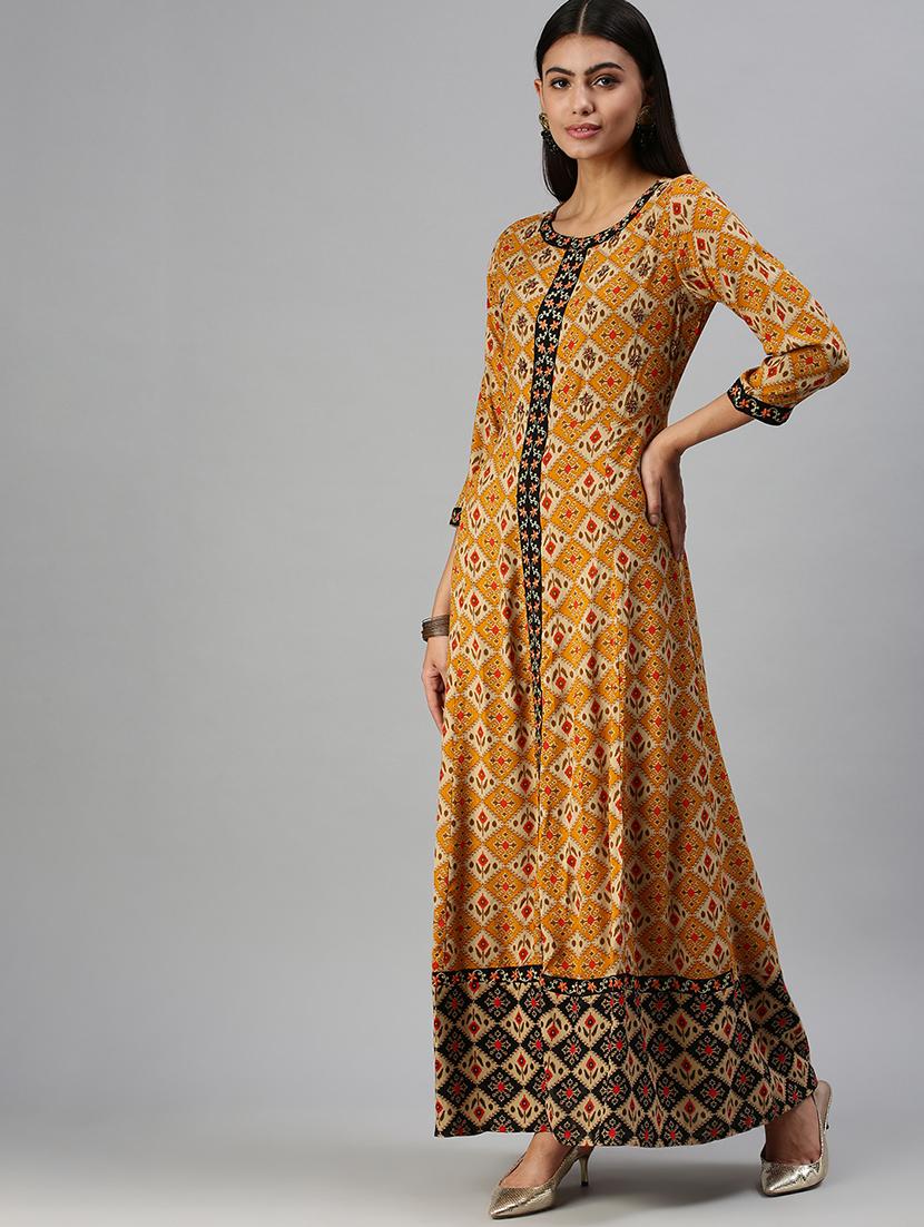 mustard cotton anarkali kurta - 18294659 - Zoom Image - 2
