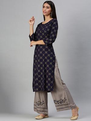 navy cotton blend kurta palazzo set - 18294896 - Standard Image - 2