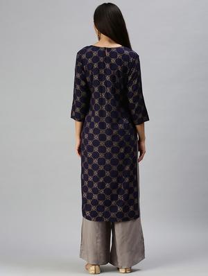 navy cotton blend kurta palazzo set - 18294896 - Standard Image - 3