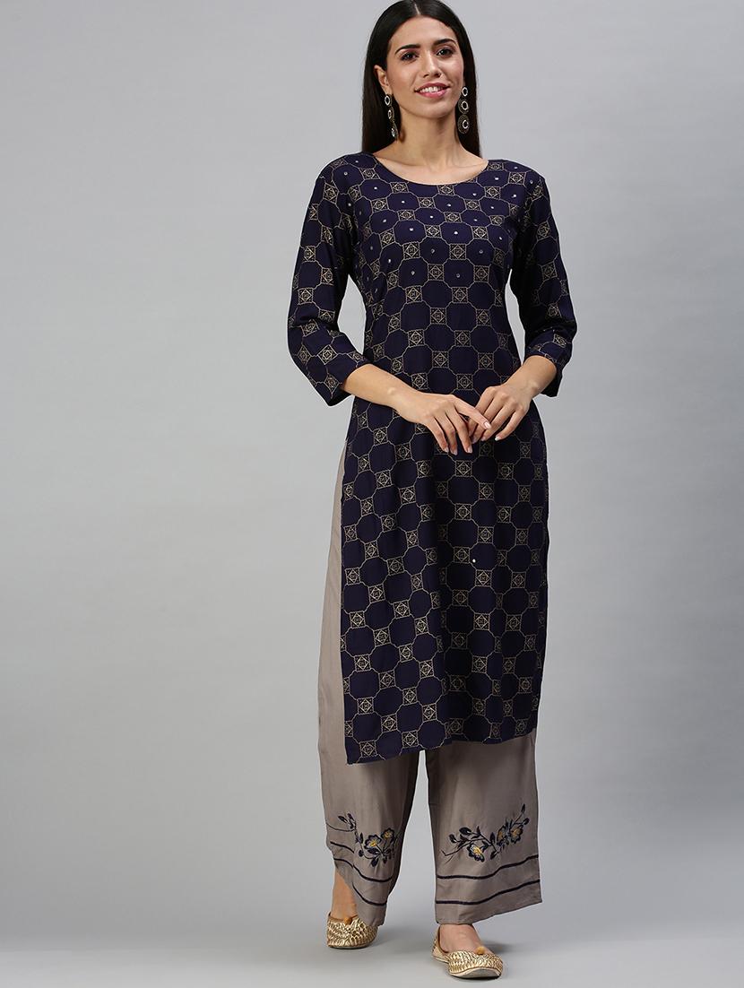 navy cotton blend kurta palazzo set - 18294896 - Zoom Image - 1