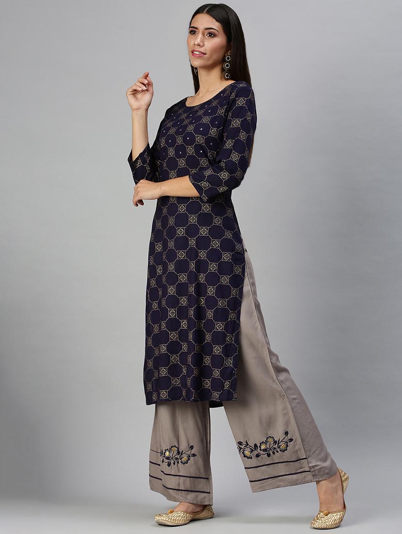 navy cotton blend kurta palazzo set - 18294896 - Zoom Image - 2