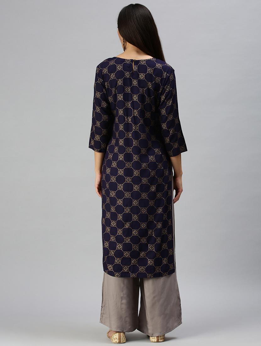 navy cotton blend kurta palazzo set - 18294896 - Zoom Image - 3