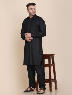 black solid pathani ethnic wear set - 18297771 - Standard Image - 4