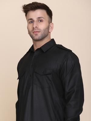 black solid pathani ethnic wear set - 18297771 - Standard Image - 5