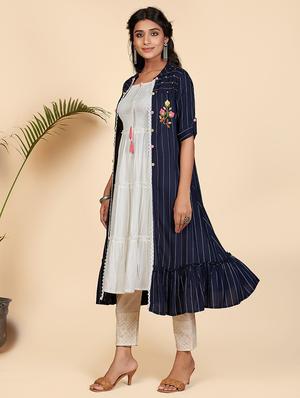 blue solid layered kurta - 18298350 - Standard Image - 3