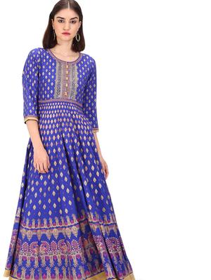 blue printed flared kurta - 18301964 - Standard Image - 4