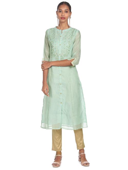 green embroidered a-line kurta - 18301969 - Standard Image - 1
