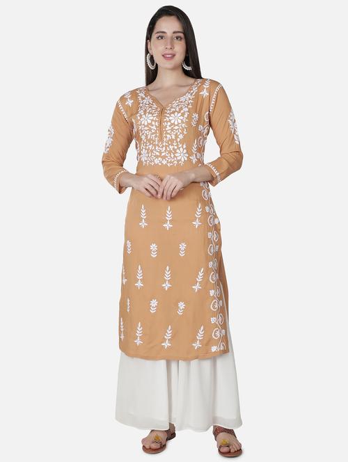 beige chikankari straight kurta - 18306952 - Standard Image - 1