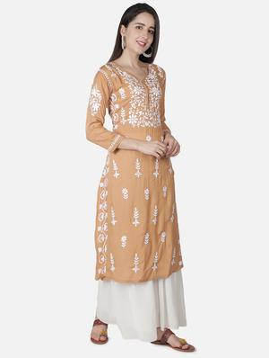 beige chikankari straight kurta - 18306952 - Standard Image - 2
