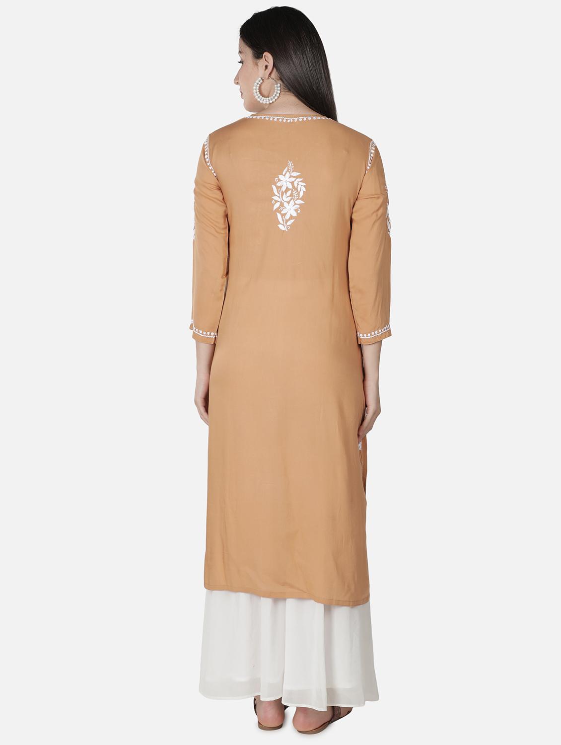 beige chikankari straight kurta - 18306952 - Zoom Image - 3