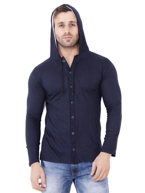 dark blue solid hooded casual jacket - 18310358 - Standard Image - 1