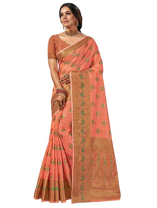 peach cotton embroidered saree with blouse - 18315349 - Standard Image - 1