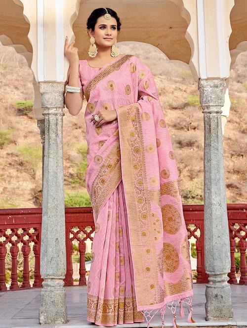 pink linen woven saree with blouse - 18315380 - Standard Image - 1