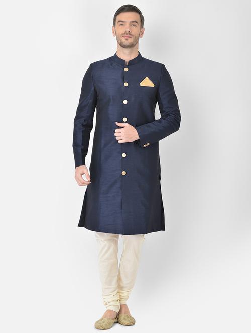 navy-blue solid sherwani ethnic wear set - 18315514 -  Standard Image - 0