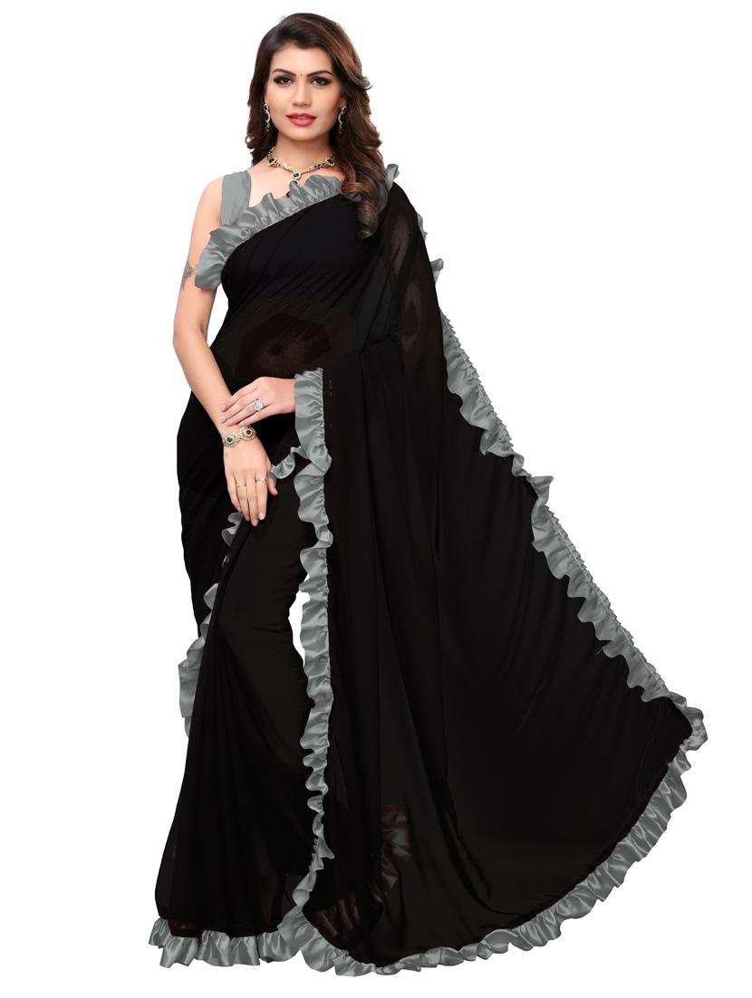 solid bordered ruffled saree with blouse - 18316504 - Zoom Image - 1