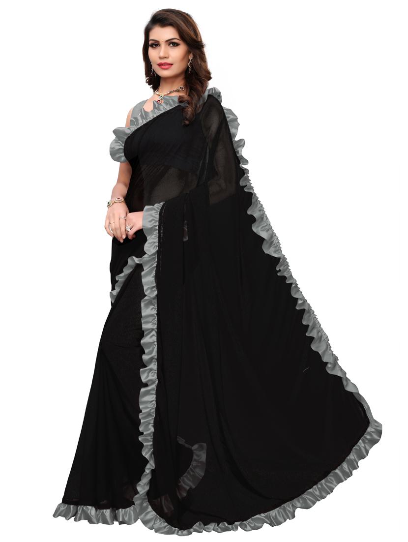 solid bordered ruffled saree with blouse - 18316504 - Zoom Image - 2
