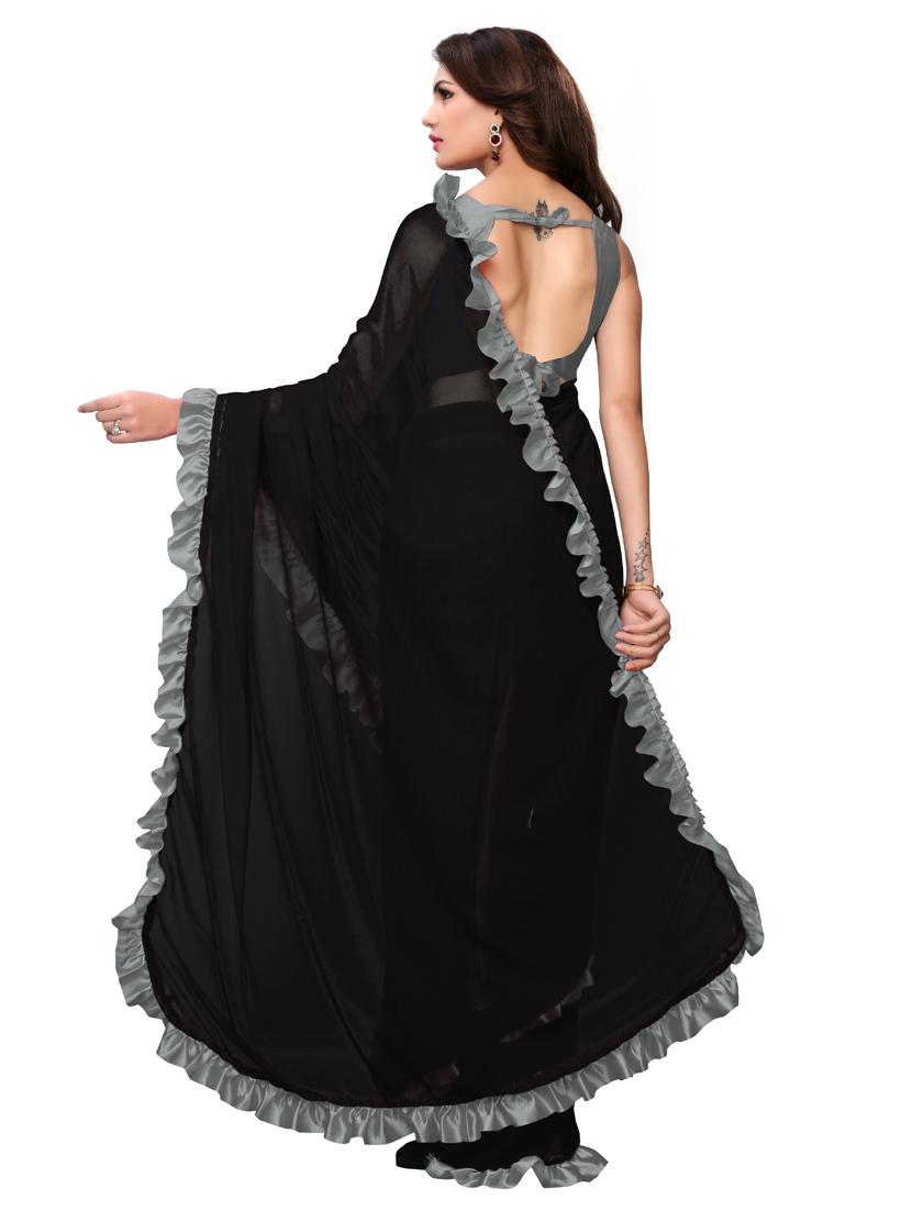 solid bordered ruffled saree with blouse - 18316504 - Zoom Image - 3