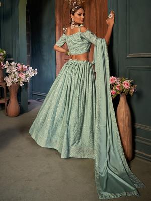 green chiffon aline lehenga - 18317756 - Standard Image - 2