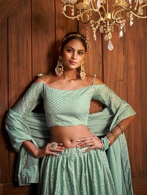 green chiffon aline lehenga - 18317756 - Standard Image - 3