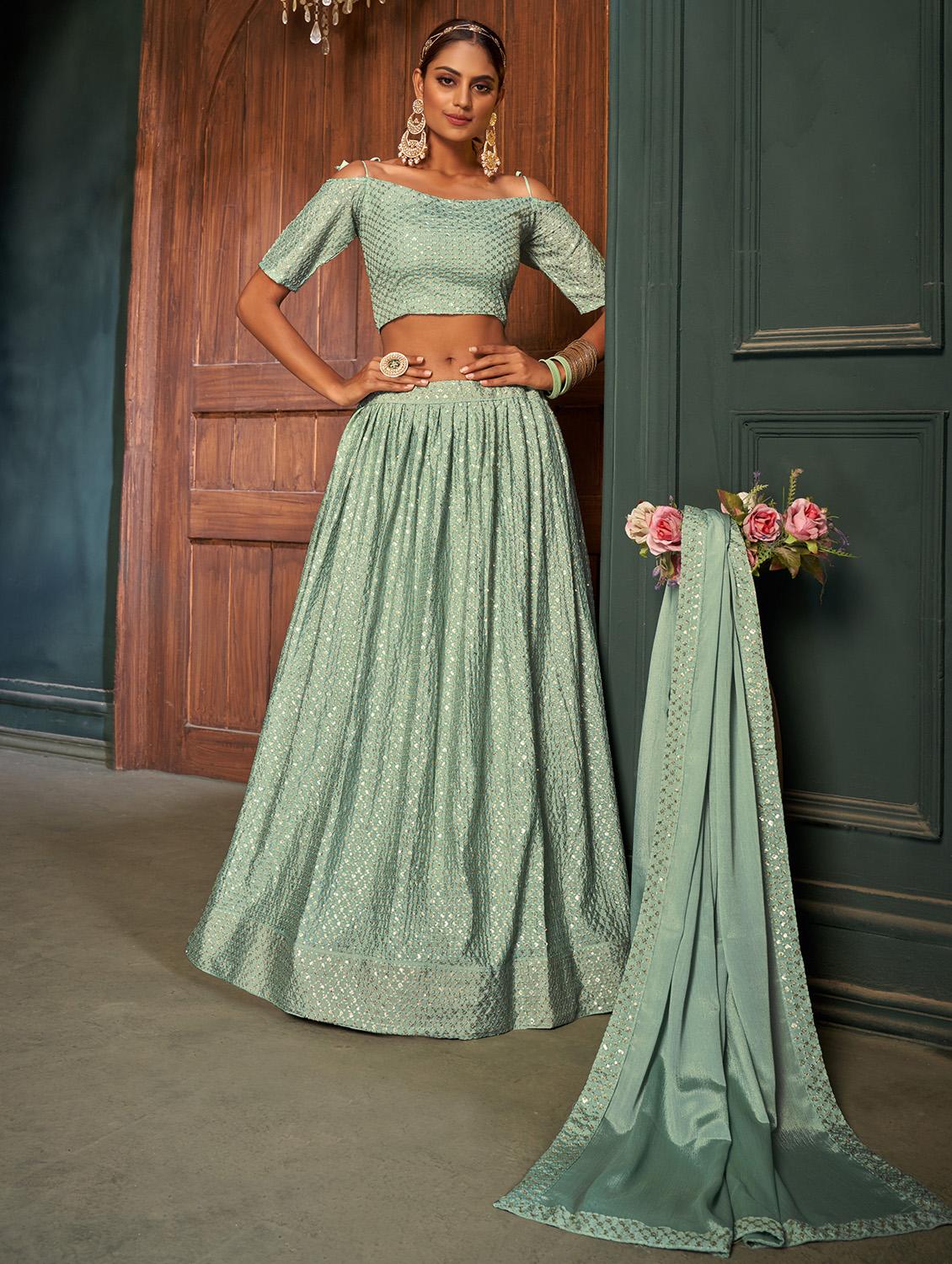 green chiffon aline lehenga - 18317756 - Zoom Image - 1