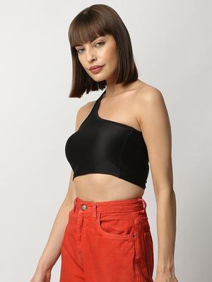 single shoulder solid crop top - 18318597 - Standard Image - 2