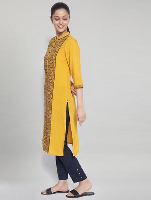 yellow cotton straight kurta - 18319390 - Standard Image - 2