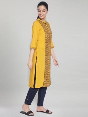 yellow cotton straight kurta - 18319390 - Standard Image - 3