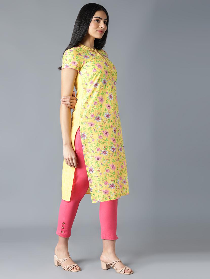 yellow cotton straight kurta - 18319437 - Zoom Image - 2