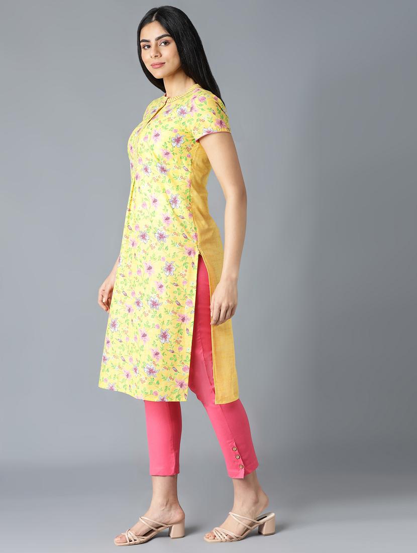 yellow cotton straight kurta - 18319437 - Zoom Image - 3