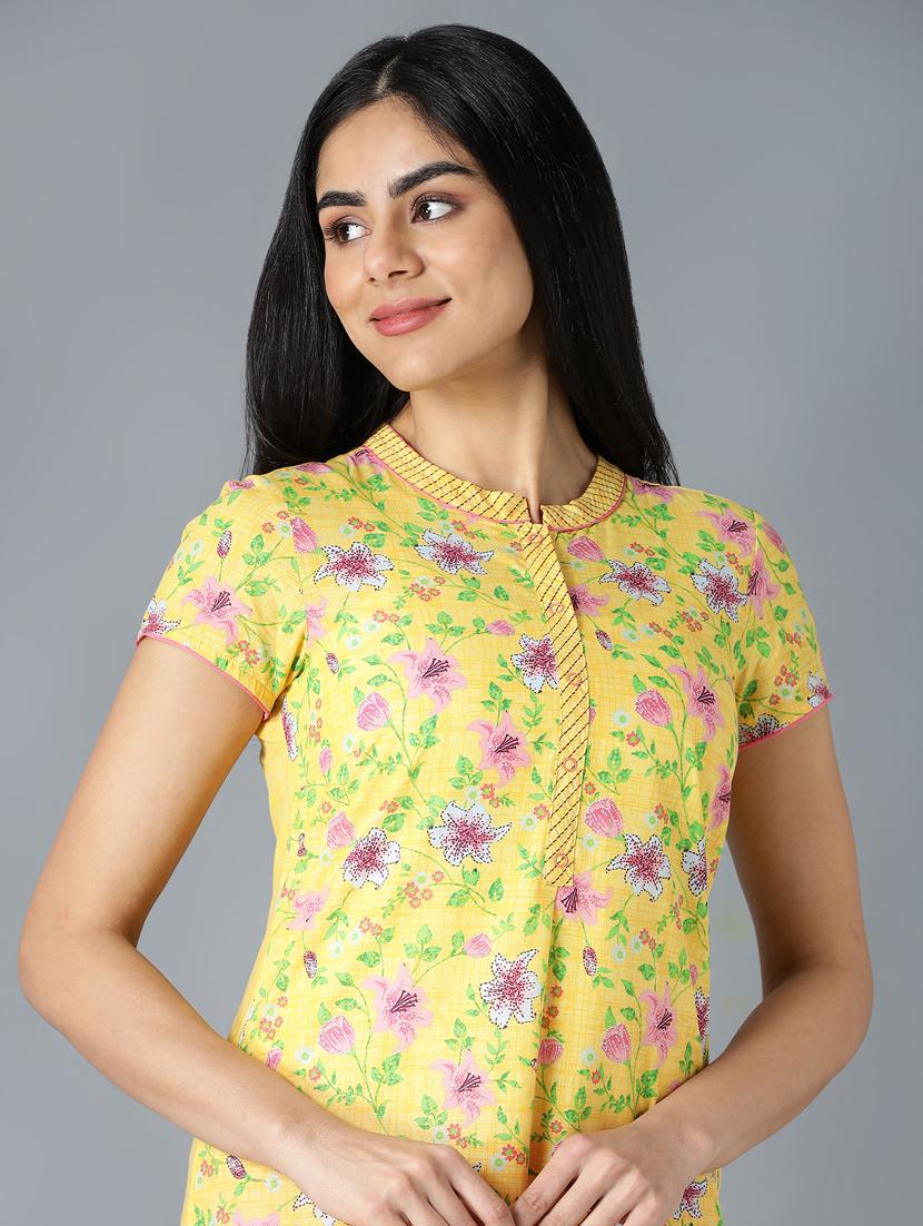 yellow cotton straight kurta - 18319437 - Zoom Image - 5