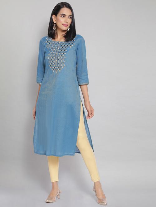 blue cotton blend straight kurta - 18319467 - Standard Image - 1