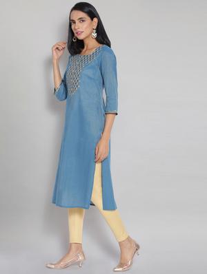 blue cotton blend straight kurta - 18319467 - Standard Image - 2