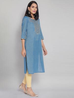 blue cotton blend straight kurta - 18319467 - Standard Image - 3