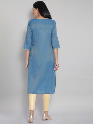 blue cotton blend straight kurta - 18319467 - Standard Image - 4