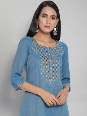 blue cotton blend straight kurta - 18319467 - Standard Image - 5