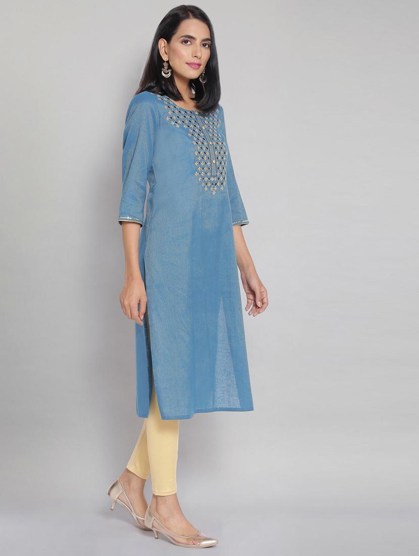blue cotton blend straight kurta - 18319467 - Zoom Image - 3
