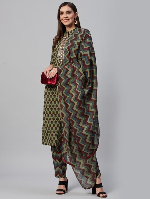 olive cotton blend kurta pant set - 18319898 - Standard Image - 1