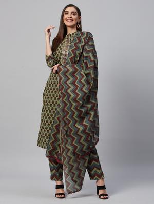 olive cotton blend kurta pant set - 18319898 - Standard Image - 2