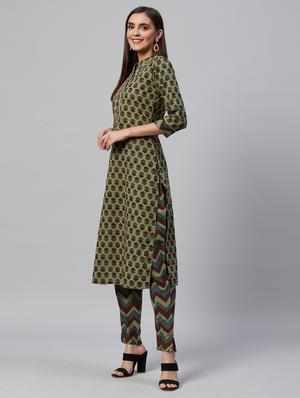 olive cotton blend kurta pant set - 18319898 - Standard Image - 3