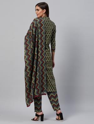 olive cotton blend kurta pant set - 18319898 - Standard Image - 4