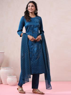 blue silk kurta pant set - 18321379 - Standard Image - 2