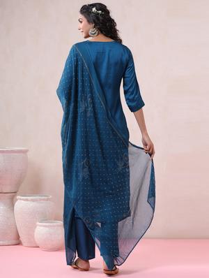 blue silk kurta pant set - 18321379 - Standard Image - 3