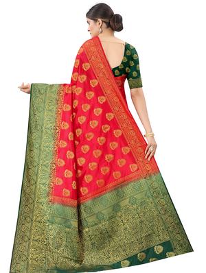 red cotton silk banarasi saree with blouse - 18322064 - Standard Image - 2