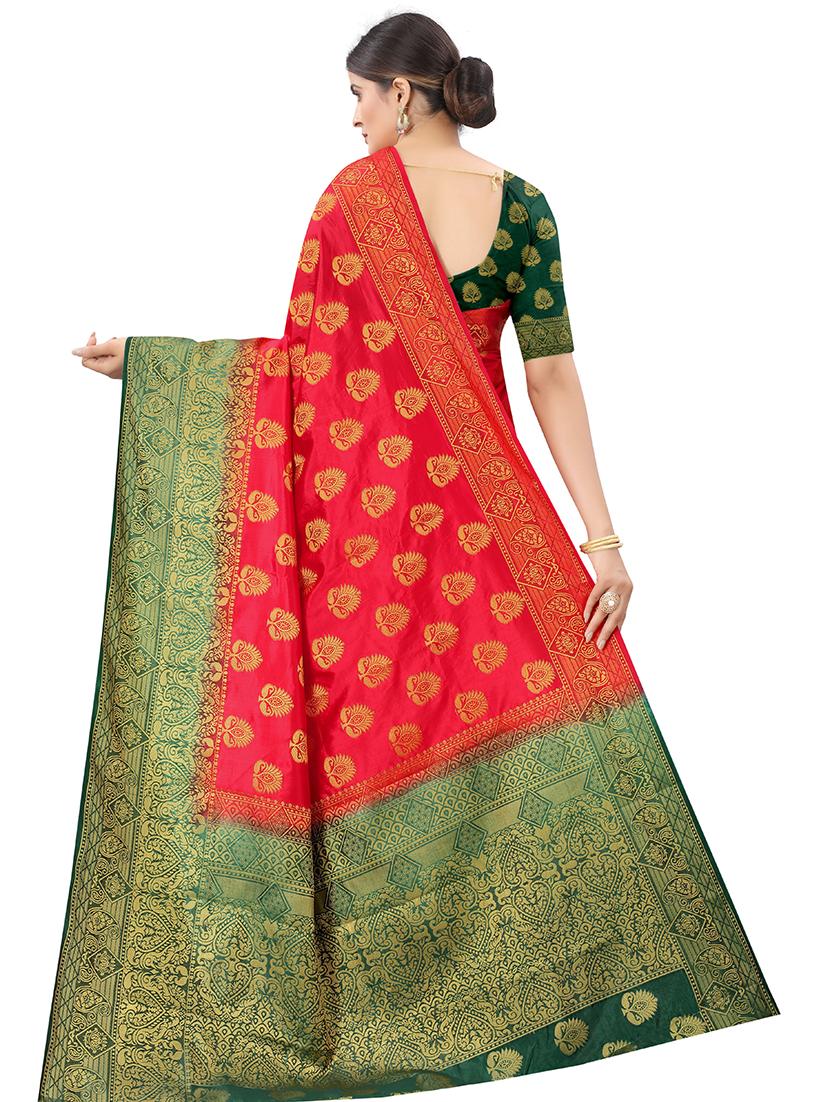 red cotton silk banarasi saree with blouse - 18322064 - Zoom Image - 2