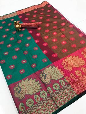 green cotton silk banarasi saree with blouse - 18322130 - Standard Image - 4