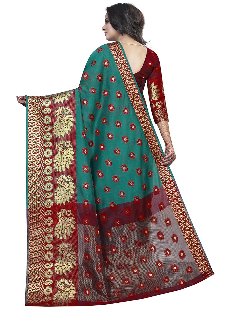green cotton silk banarasi saree with blouse - 18322130 - Zoom Image - 2