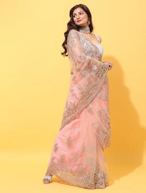 peach net embroidered saree with blouse - 18322896 - Standard Image - 2
